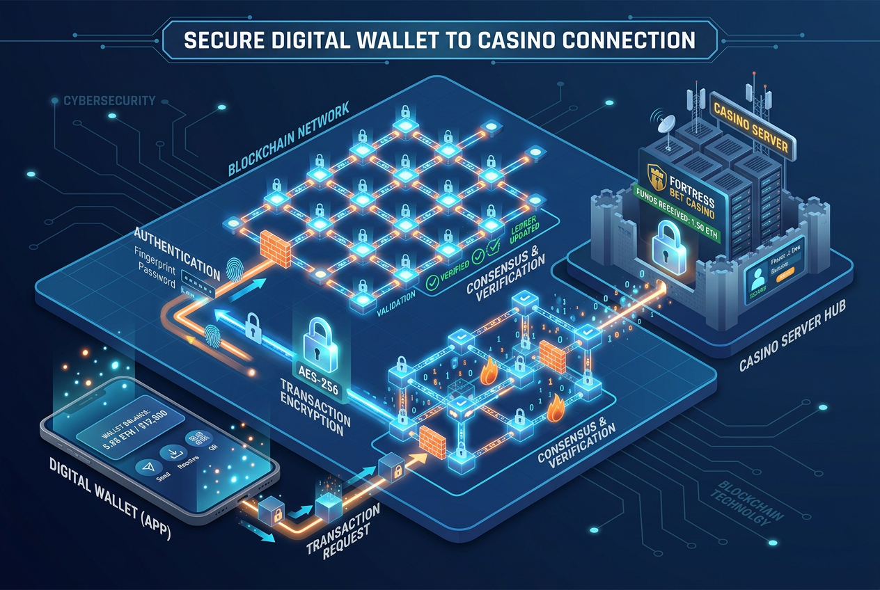 Infografika procesu blockchainové transakce v krypto kasinu