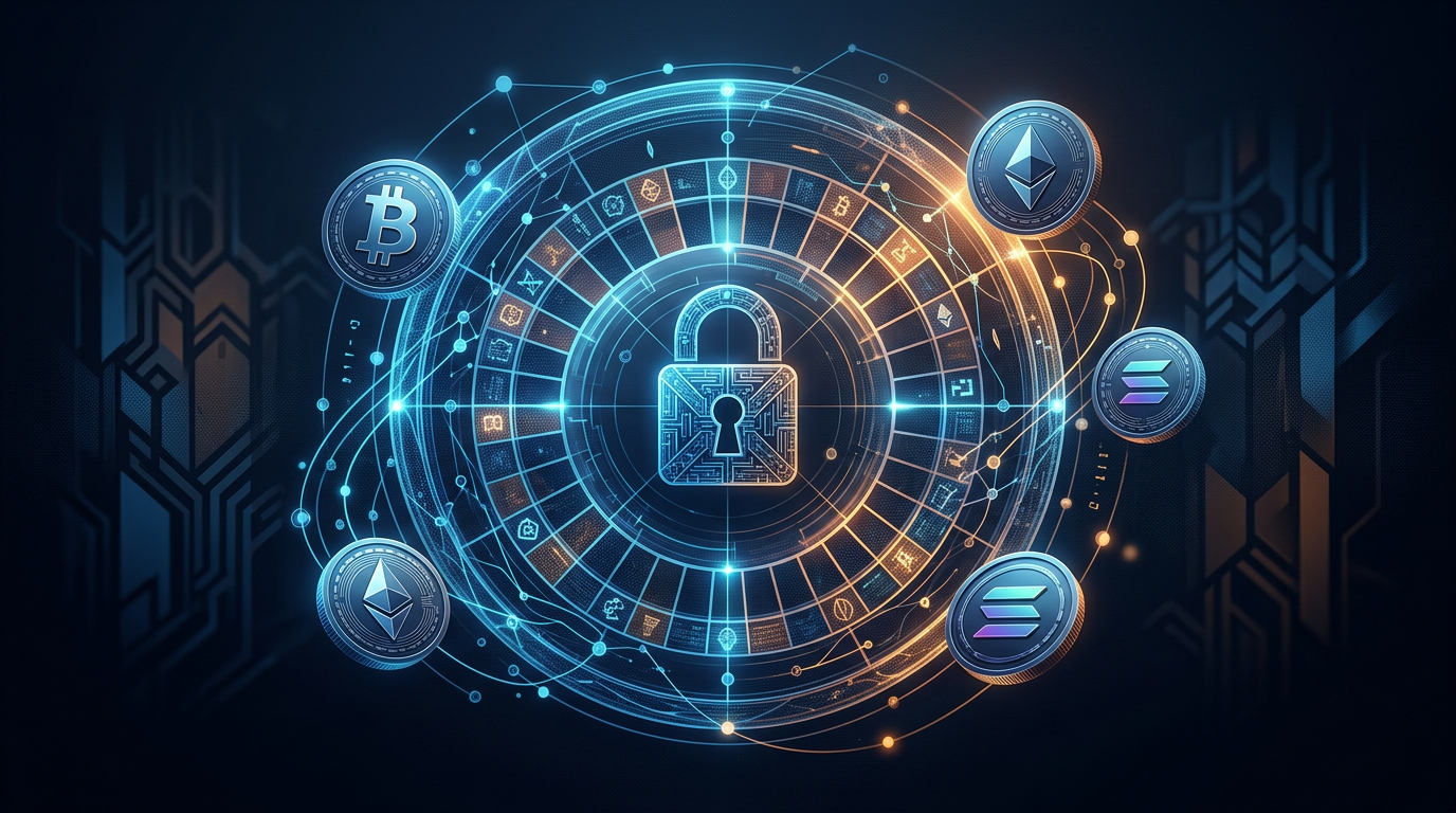 Futuristické zobrazení krypto kasina s digitální ruletou a symboly blockchainu pro rok 2026