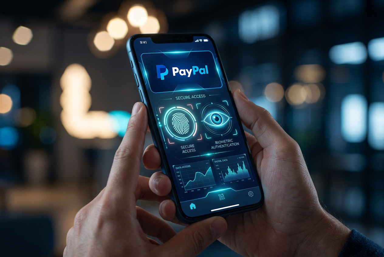 Moderní digitální rozhraní peněženky PayPal se symboly biometrického zabezpečení