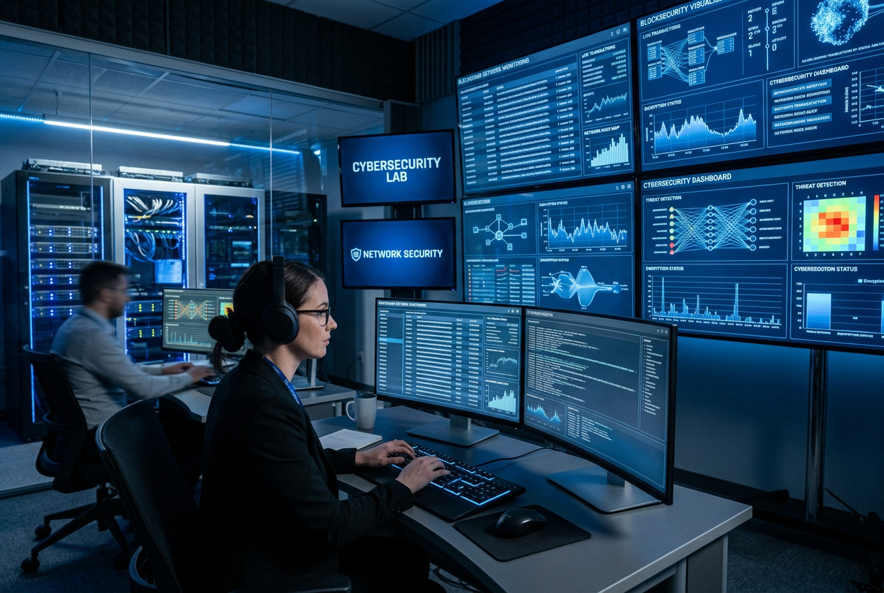 Vizualizace bezpečnostního auditu krypto kasina v high-tech laboratoři